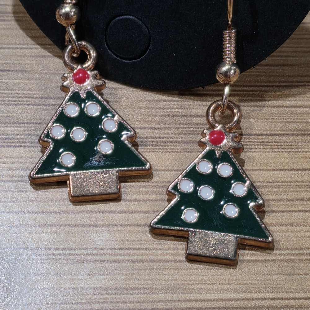 Festive Green and Gold Christmas Tree Earrings